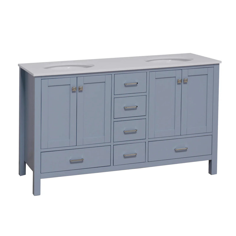 Claudett 60'' Double Bathroom Vanity with Top, Engineered White, Powder Blue