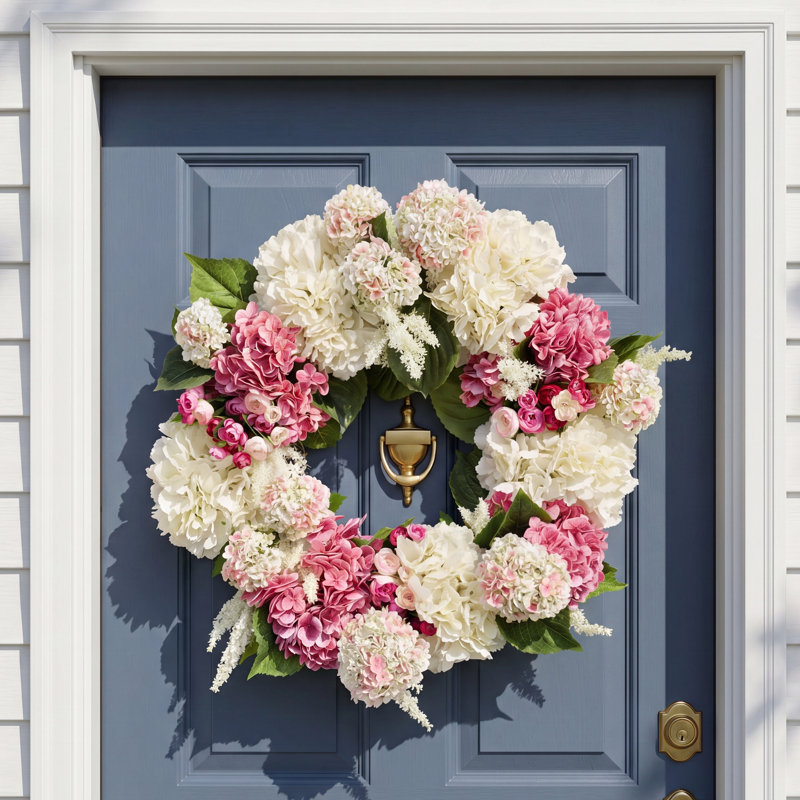 24" Hydrangea Wreath with Ranunculus and Viburnum