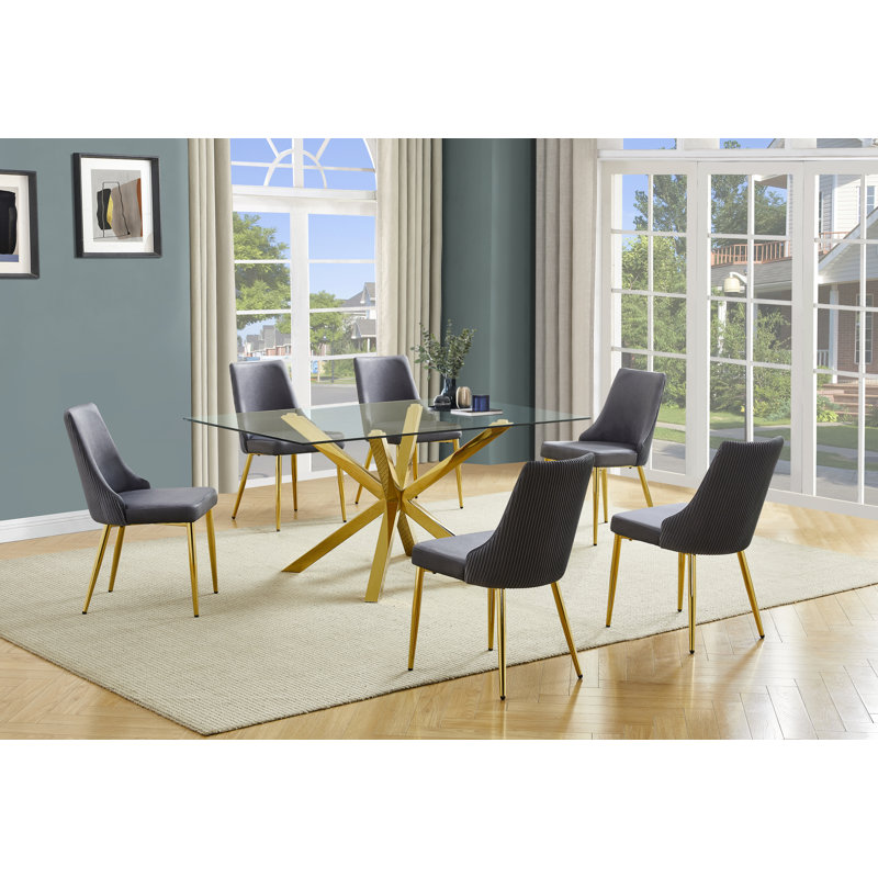 Ensemble de salle à manger en verre avec chaises d'appoint en velours plissé, 7, Gris