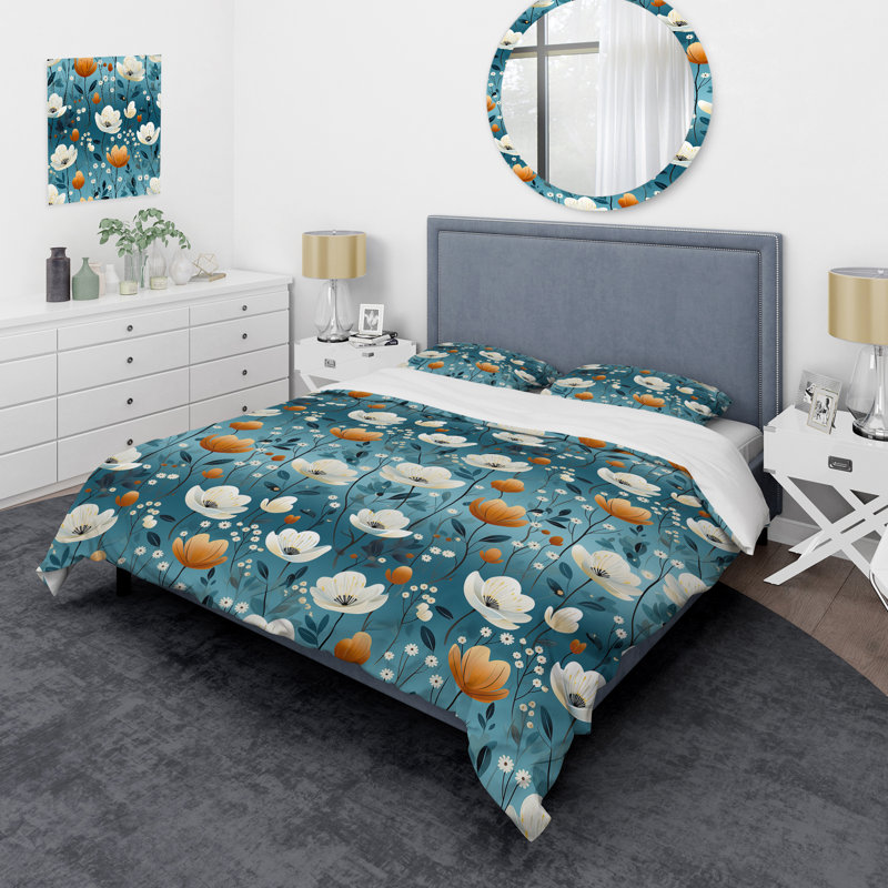 Meadow Blue And Beige Floral Pattern III - Ensemble de housse de couette à motif floral