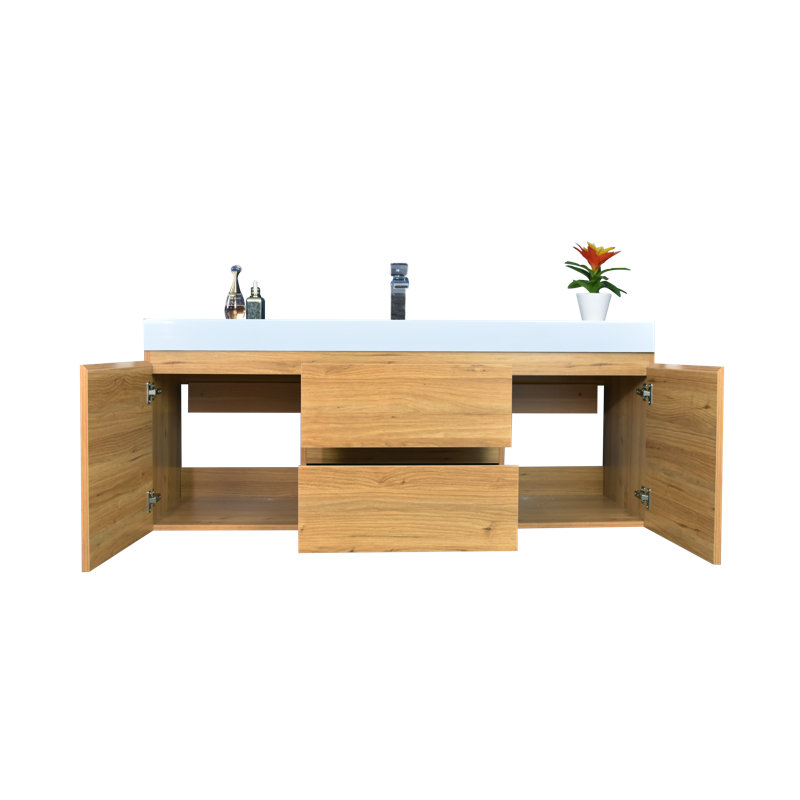 Mitul 58.75 " W Wall Mounted Single Vanity Bathroom Vanity With Acrylic Top, Natural Oak