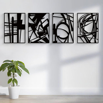  4 Pack Black Abstract Metal Wall Art, Minimalist Décor Single Line Art Wall Décor, 3d Textured Metal Wall Sculptures, For Living Room Bedroom Bathroom Study Room (black Abstract, M Size 16 X 11'')