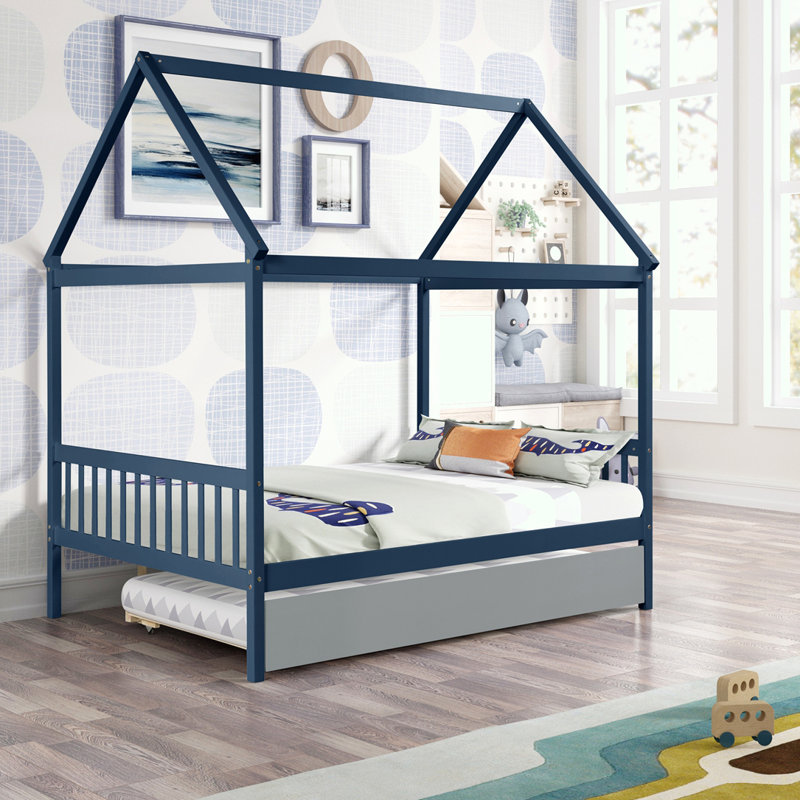 Lit simple avec lit gigogne House, Marine, Double