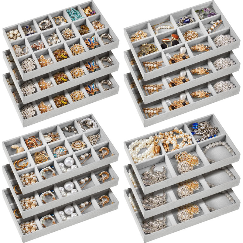 12 pièces de plateau à bijoux en velours empilable avec rangement pour bijoux et boucles d'oreilles divisées