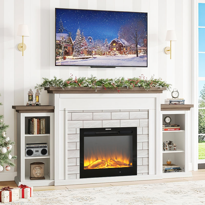 72-Inch Electric Fireplace TV Stand with Mantel – Farmhouse Entertainment Center for 80-Inch TVs, Realistic Stacked Stone Surround, Remote Control & Storage