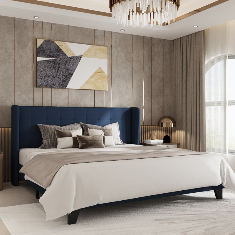 Upholstered Bed with Square Tufting and Wingback, King, Blue