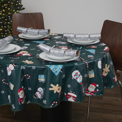 PVC Tablecloth 70in Round - Green Jolly Holiday - Easy to Clean and Durable
