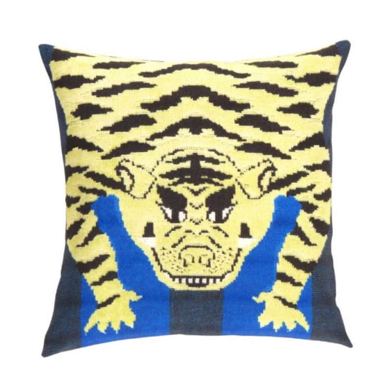 Coussin turc de style soie fine en jaune / noir / bleu / gris, H 20 po x l 20 po