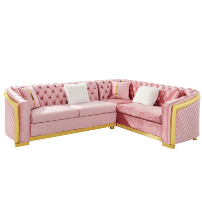 Canapé modulaire en L rose de 106 pouces de luxe avec accents en acier inoxydable doré, bouton en velours, 5 coussins, rembourrage en éponge haute, style moderne pour la mousse de salon, accoudoirs roulés, espace
