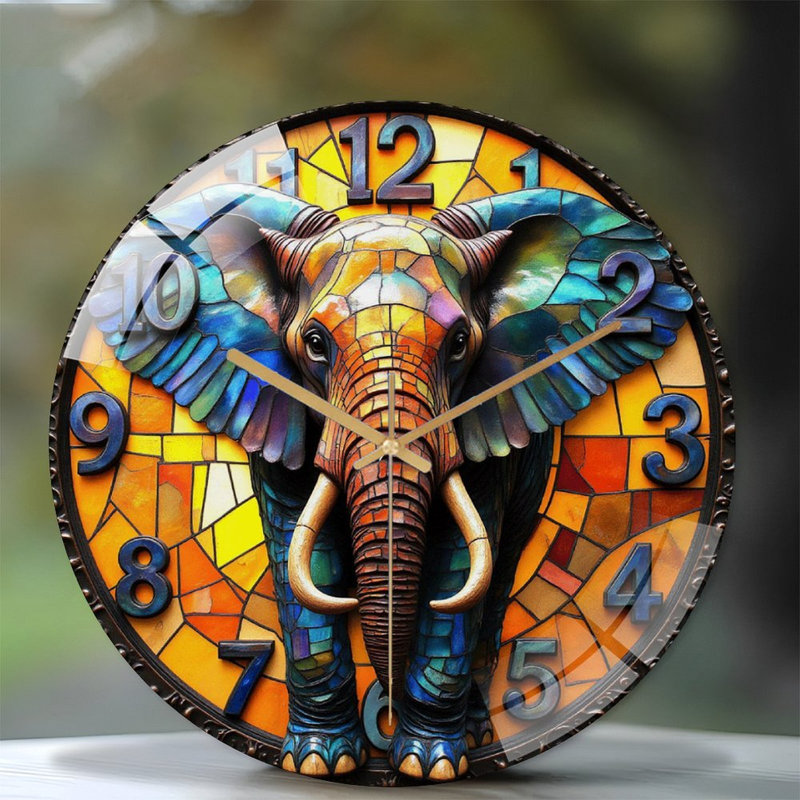Horloge murale vitrail éléphant 12 po