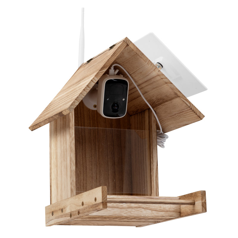 Mangeoire d'oiseaux en bois à énergie solaire avec caméra d'observation haute définition 1 080 P (pile au Lithium)