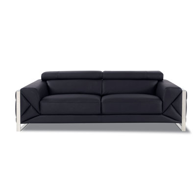 Black Genuine Leather Sofa with Adjustable Headrests