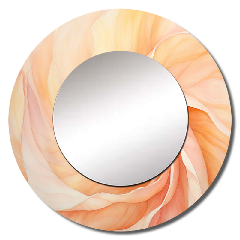 «Peach Sunkissed Swirl Spiral» - miroir mural spirales abstraites, miroir décoratif rond pêche, impression d'art en métal