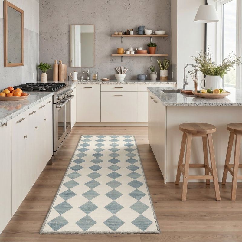 Liadan Diamondix Geometric Machine Washable Blue / Beige Indoor Area Rug with Non-Slip Backing, Runner 2'3" x 6'