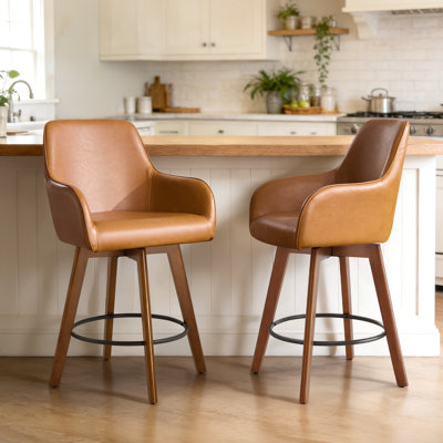 Advika 25" Swivel Upholstered Counter Stool With Solid Rubberwood Frame &  Full Back Arms