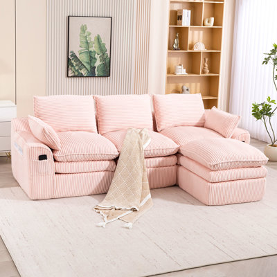 Canapé modulaire en L compressé modulaire en L recouvert de velours côtelé rembourré avec dossier sans repose-pieds, avec trois coussins et deux coussins lombaires