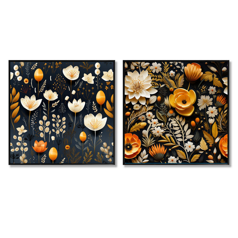 Fallston - Ensemble de 2 collages carrés botaniques abstraits, Cadre flottant noir, H 16 po x l 33 po