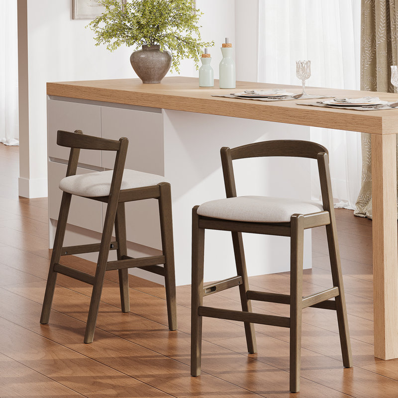 Tabouret de bar d'intérieur en bois d'hévéa, finition brun foncé et revêtement beige, ensemble de 2, Marron foncé
