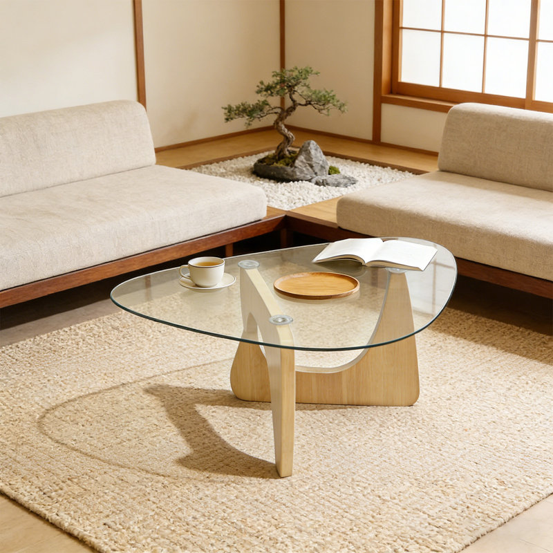 Triangle Abstract Coffee Table Modern Tea Table With Solid Wood Base And Triangle Glass Accent Table Chic Home Office Furniture For Living Room Natural Wood Color 35.8"D X 25.5"W X 16"H