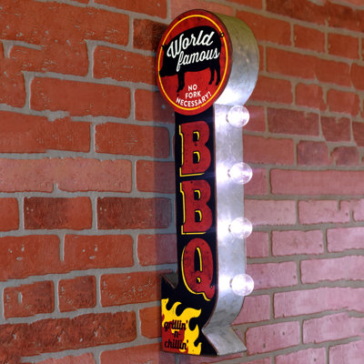 Light Up World Famous BBQ Tin Metal 3D Wall Sign LED Outdoor Patio Home Decor