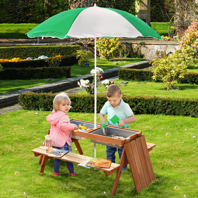 Outsunny Kids Picnic Table, Sand and Water, Benches, Kids 3-6, Brown