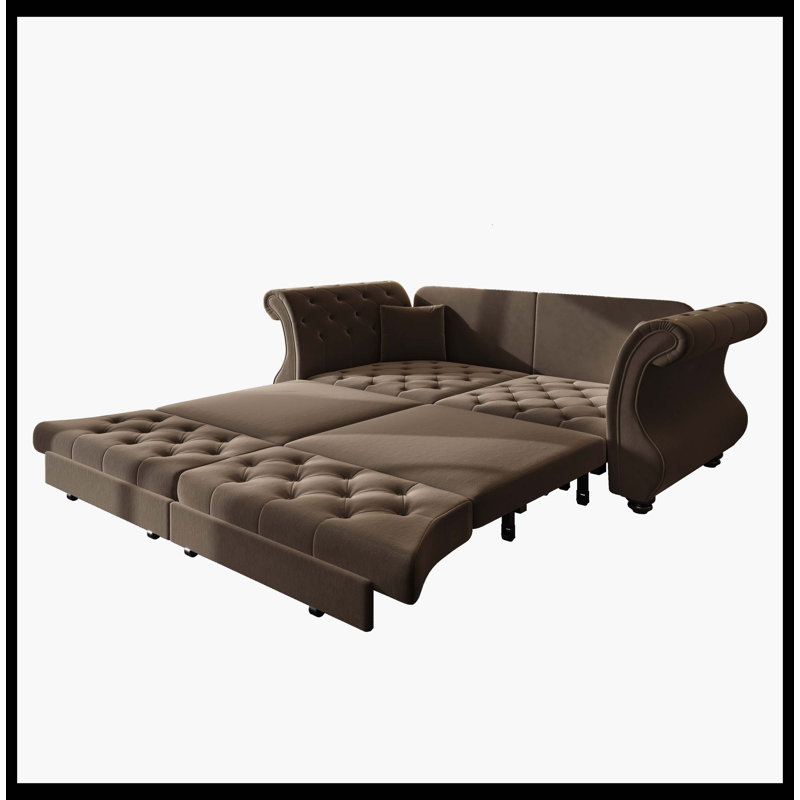 83.8" Oversized Brown Velvet Chesterfield Pull Out Sofa Bed, Classic Roll Arm Flower Tufted Sleeper Couch, Brown, 3