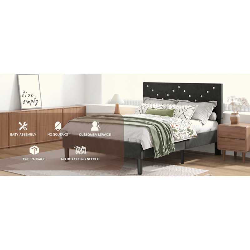 Structure de lit plateforme avec tête de lit tapissier en tissu, Simple, Black