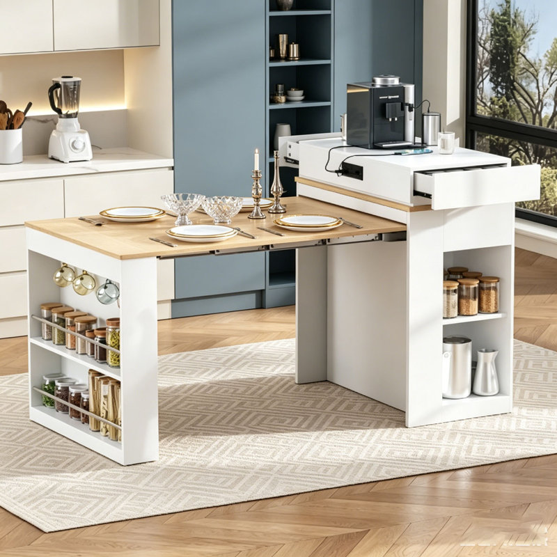 Table de salle à manger extensible avec plateau pliable, table de bar avec tiroirs et prise de courant, îlot de cuisine avec roulettes et crochets
