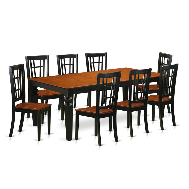 Ensemble de salle à manger 9 pièces comprenant une table rectangulaire avec rallonge papillon et 8 chaises de cuisine, 107 x 213 cm, noir et cerisier