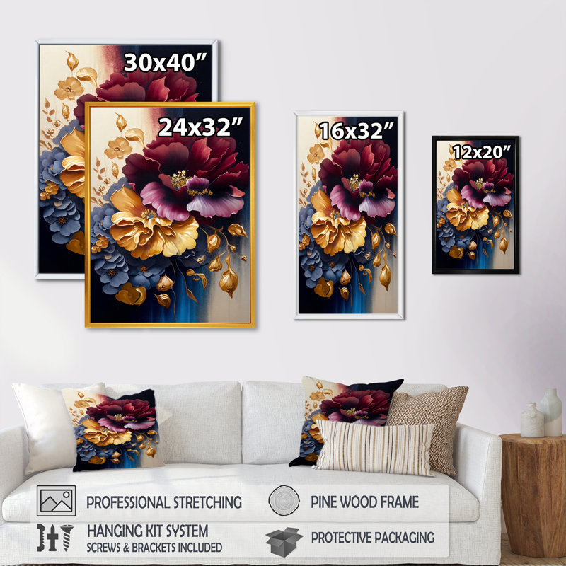 Bourgogne et bouquet floral bleu II - impressions sur toile florales, H 32 po x l 24 po x P 1 po, Cadre flottant noir