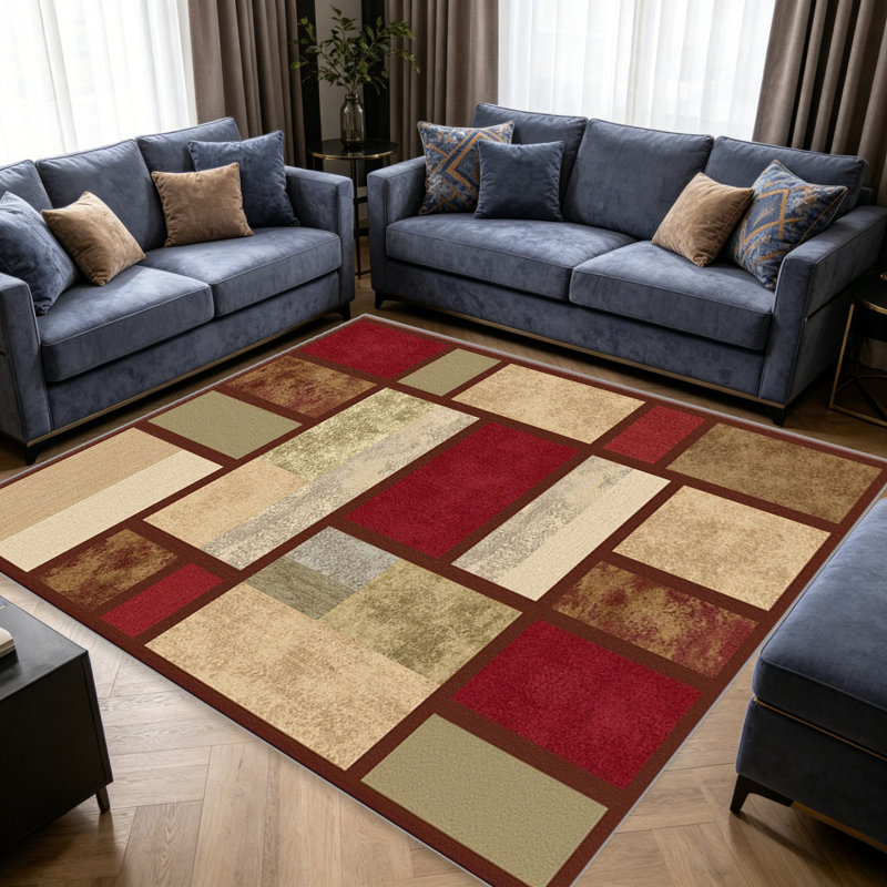 Red and Beige Geometric Blocks carpet-easy to clean, machine-washable, soft and comfortable; suitable for door mats, kitchens, living rooms, bedrooms, corridors, and laundry areas. Easy to clean, durable carpet for home decoration.