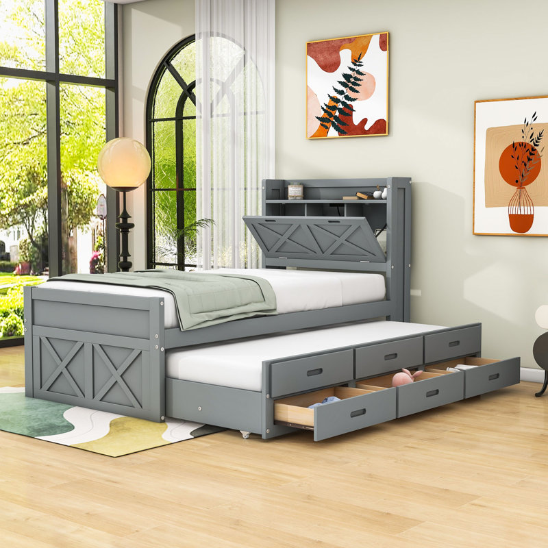  Lit polyvalent avec rangement de tiroir Ahlrike, prises intégrées et lit gigogne simple, Simple, gris