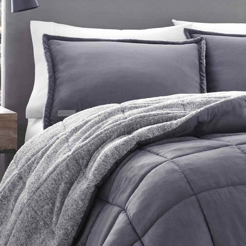Eddie Bauer Reversible Microsuede Comforter Set, Full/Queen Comforter + 2 Shams, Grey