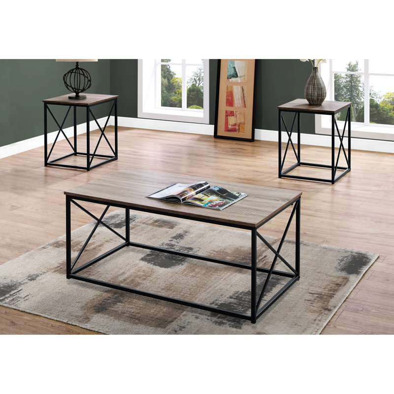 3 tables basses et tables de bout, aspect bois taupe, structure en métal noir 3 pièces dans l'espace de vie: 2 tables, stratifié,