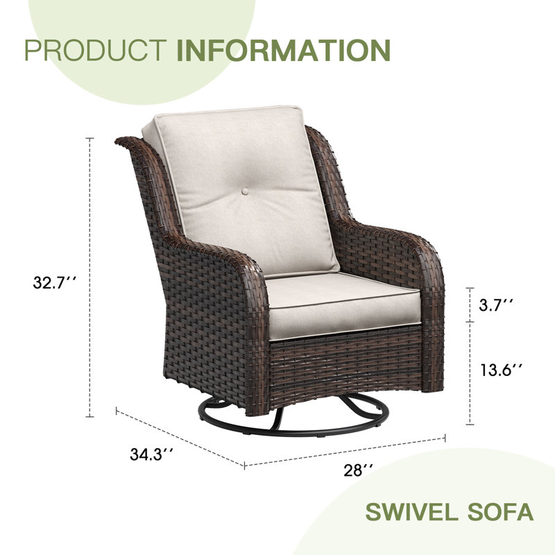 Stylish Outdoor Woven Rattan Swivel Chair, Beige Cushion/ Brown Frame