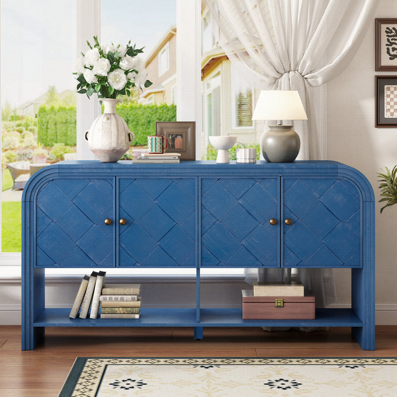 Versatile Console Table With Woven Wood Slats And Solid Wood Veneer, Suitable, Navy Blue/Gold