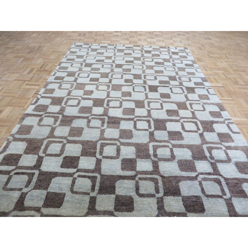Tapis brun / bleu à motif abstrait en laine noué à la main 6 pi x 9 pi Alexandria