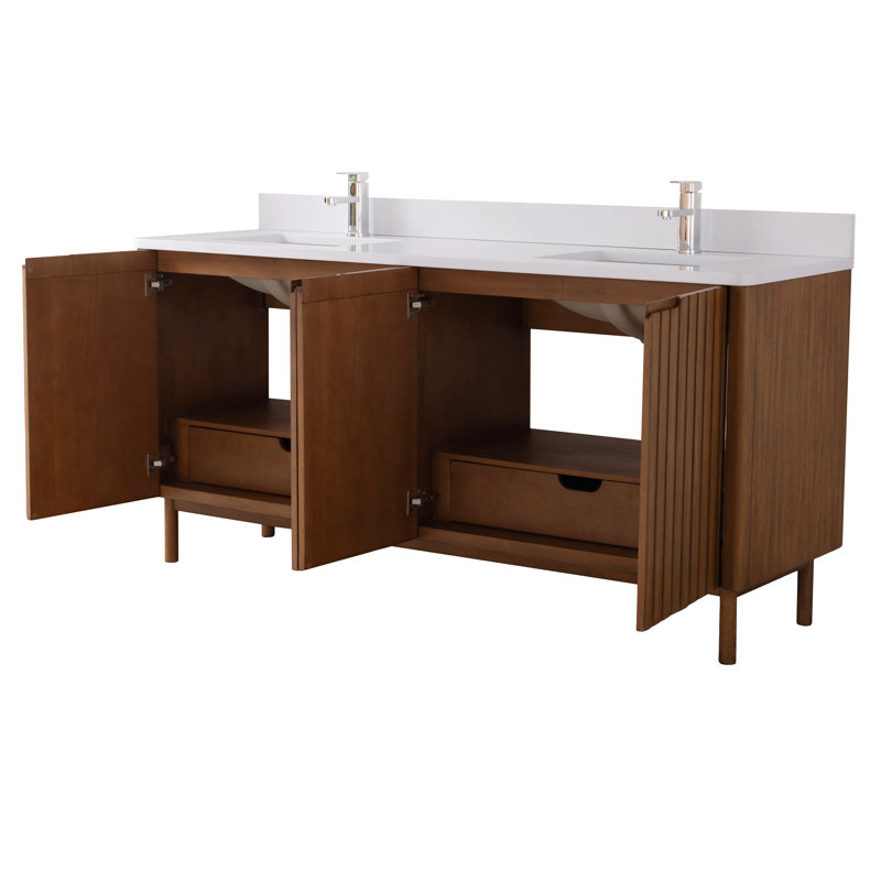 Meuble-lavabo sur pied moderne Tennant Brand 72 pouces, chêne chaud brun fumé, double vasque, comptoir en quartz blanc, entièrement assemblé