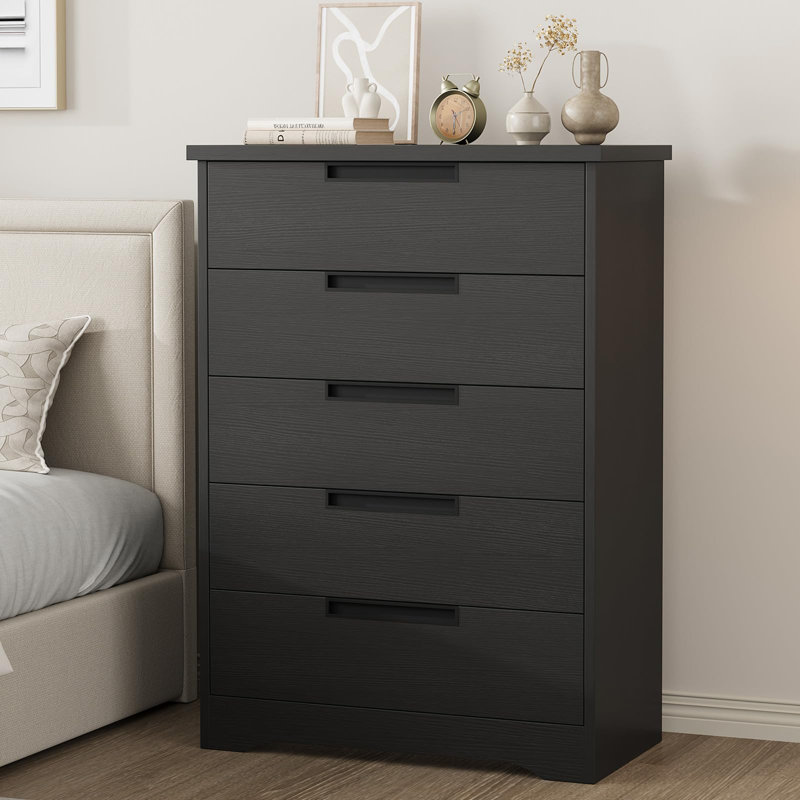 Commode 5 tiroirs pour chambre à coucher, commode en bois avec poignées intégrées pour la chambre de bébé, Noir