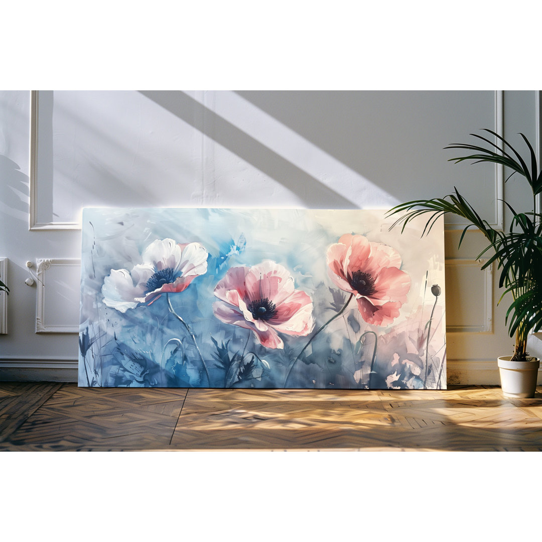 Wandbild 120x60cm Blumen Blüten Pastelltöne Pastellfarben Rot Blau