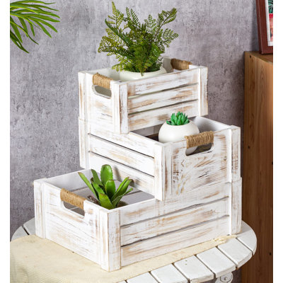 Set Of 3 Rustic Wood Nesting Crates, Farmhouse Wooden Storage Container Boxes With Cutout Handles, Decorative Wooden Baskets For Display (Whitewash)