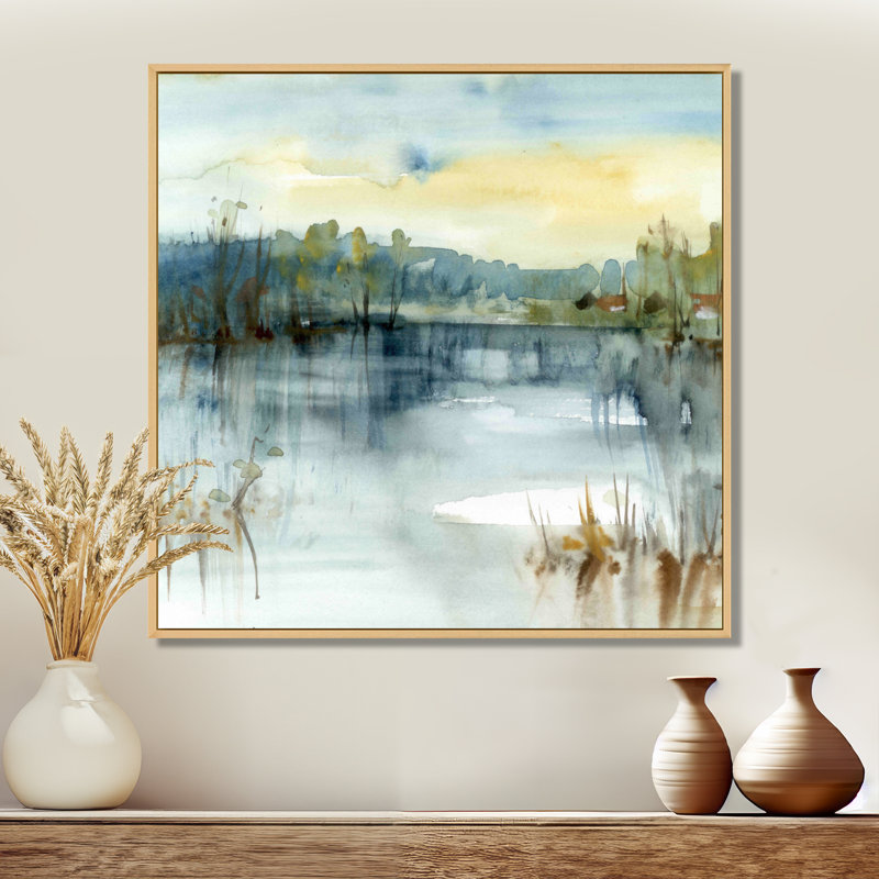 " Summer Lake Landscape Illustration ", 36" H x 36" W, Floater Framed, Maple