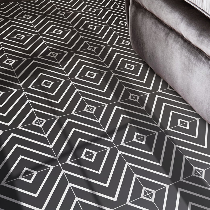 Amlil 8" x 8" Cement Patterned Wall & Floor Tile, Black/White