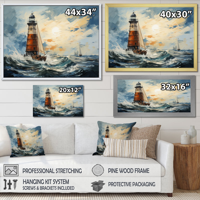 Phare, mer orageuse 2 - Art mural phares, Cadre flottant blanc, H 12 po x l 20 po x P 1 po