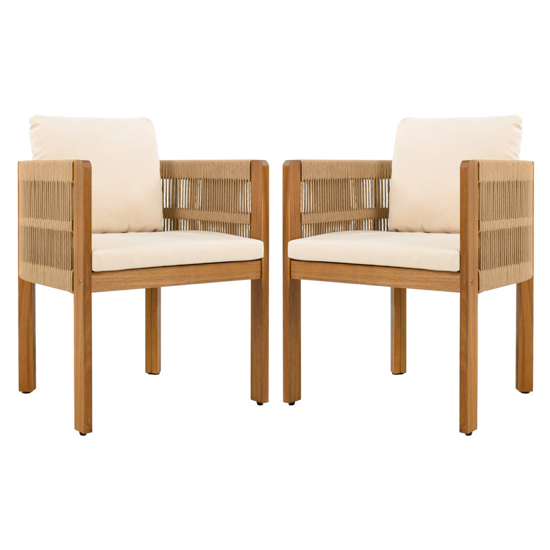 Chaises de salle à manger en bois d'acacia avec corde et coussins Gariepy, Coussin beige / corde brune + structure en teck