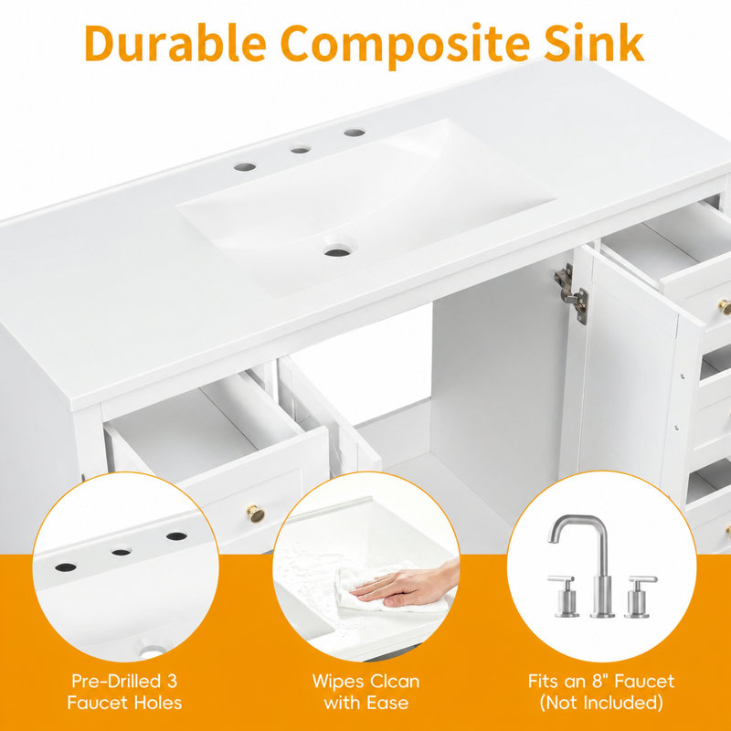 Meuble-lavabo autoportant de 48 pouces avec lavabo en composite, 6 tiroirs et 2 portes à fermeture en douceur, Blanc