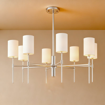 Modern Sputnik Chandelier, Polished Nickel With Linen Shades, 8-light Statement Fixture For Living Room & Dining Room