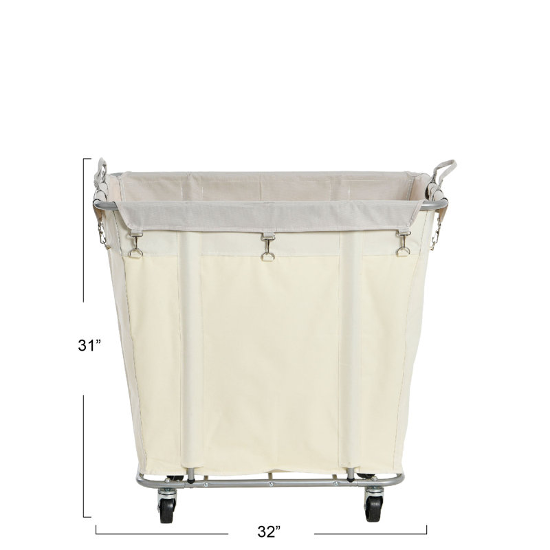 Natural Canvas and Silver Frame Rolling Laundry Hamper with Wheels