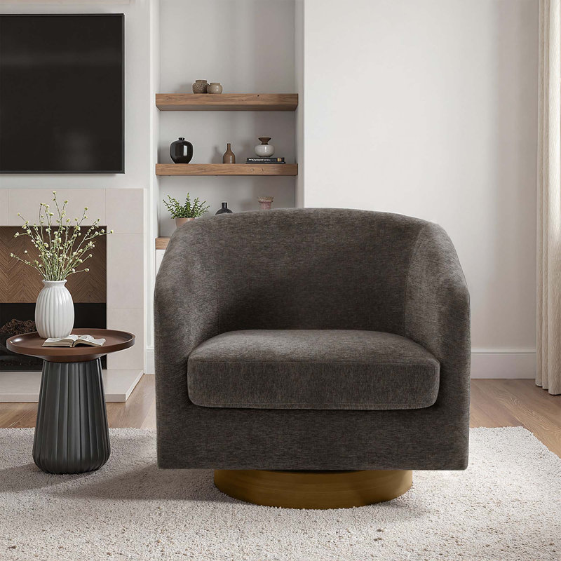Applewold Upholstered Tan Chenille Swivel Barrel Chair with Solid Wood Base, Tan Chenille