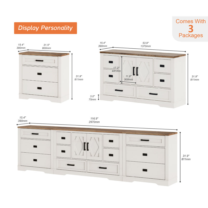 Laziza Modern Farmhouse Wooden Dresser Combo With 12 Drawers And Ajustable-Shelf-Cabinet For Kids, White